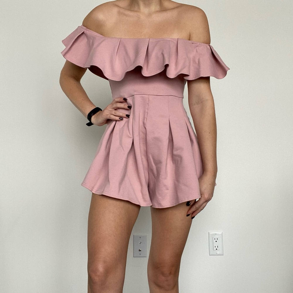 Showpo light pink blush off the shoulder ruffle romper
